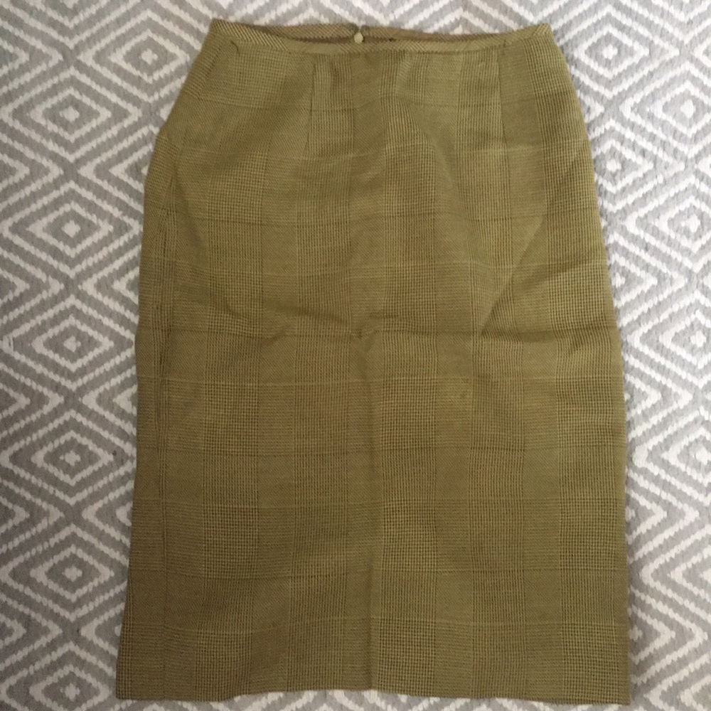 Olive green Glen Plaid pencil skirt, fully lined.